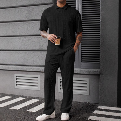 Cross-border Lilbetter jacquard texture knitted polo shirt for men short sleeves + trousers suit casual two-piece set