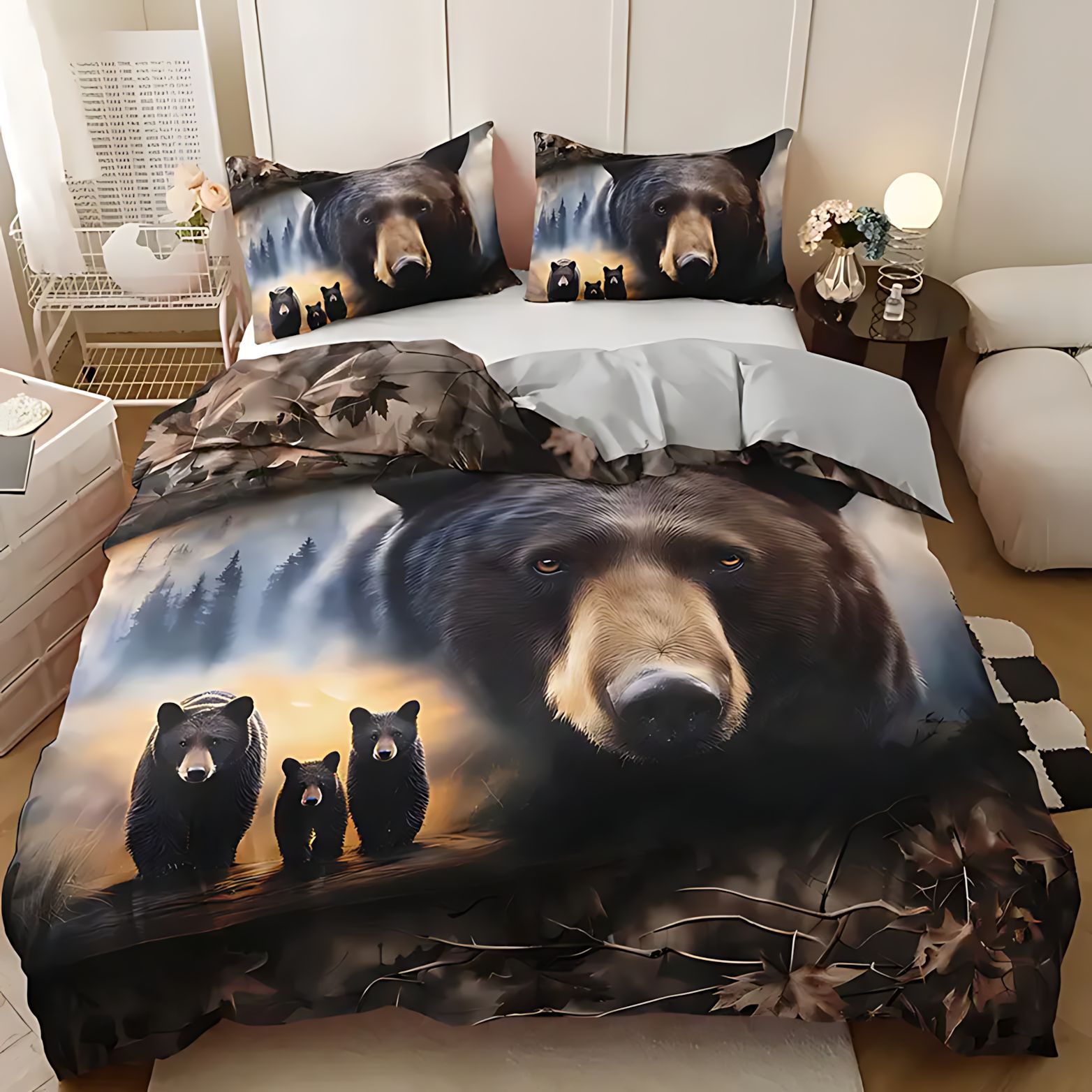 TEMU / JIT transfronterizo lindo oso impresión digital 3D molido colcha colcha con funda de almohada set para diseñar