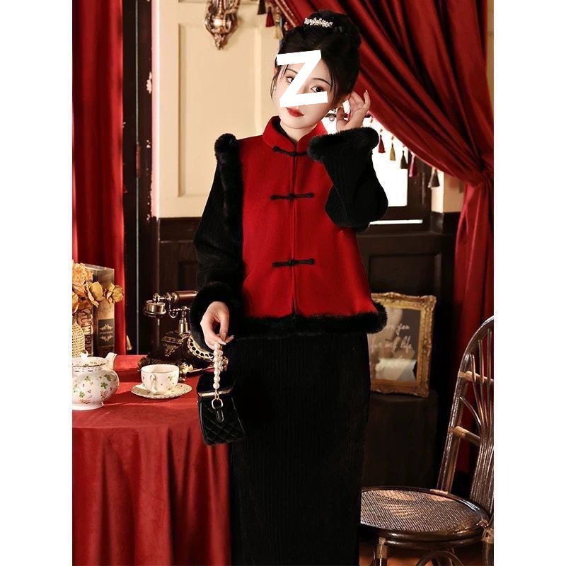 Black Cheongsam Suit Autumn and Winter Thickened Velvet New Year's Shirt Adult New Year's Greetings Han Dynasty Tang Suit National Style Vest Ready for Sale