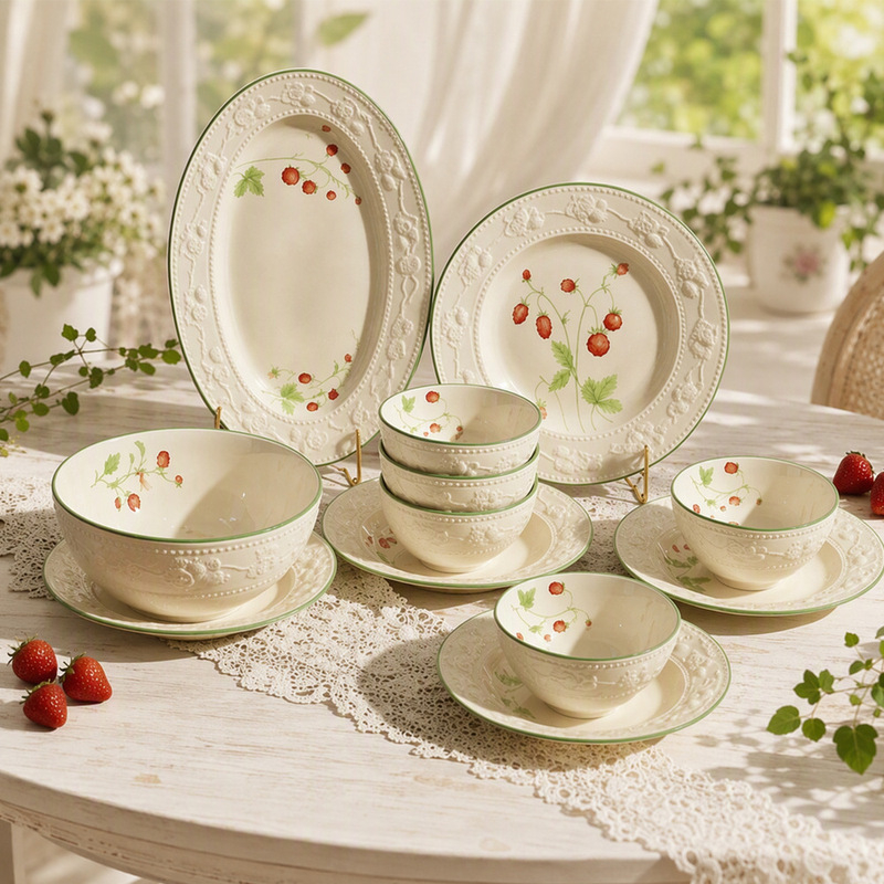Strawberry Embossed Tableware Bowl and Plate Set Wholesale Manufacturer High Temperature Underglaze Colored French Ceramic Tableware Strawberry Embossed Tableware Bowl and Plate Set Wholesale Manufacturer High Temperature Underglaze Colored French Ceramic Tableware