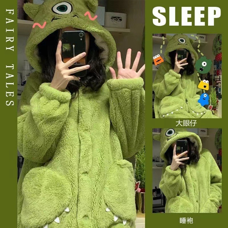 Special offer!! Cute Big-eyed Coral Fleece Pajamas Women 2024 New Cartoon Winter fleece-lined Thickened Nightgown