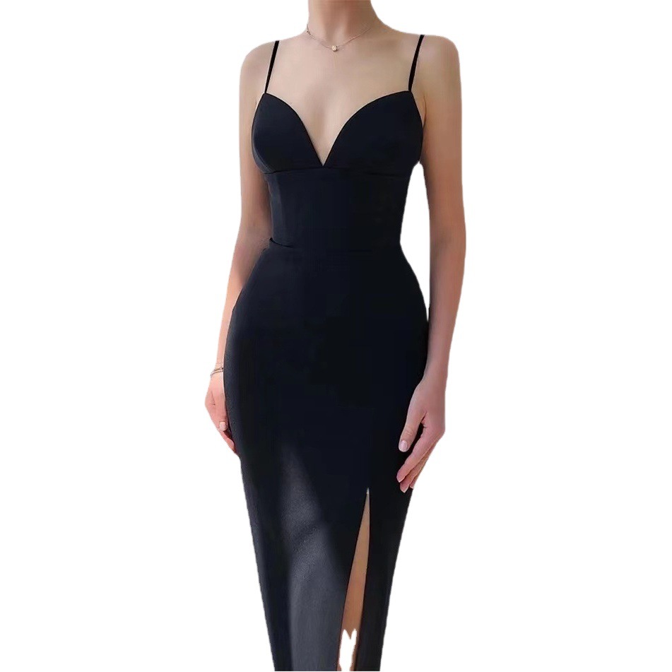 Amazon Comercio exterior satén vestido de noche traje formal simple sexy hendidura