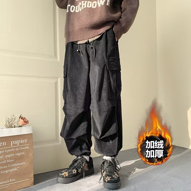 Pantalones de pana para hombre marca de moda americano retro gran bolsillo con pies, monos, pantalones casuales sueltos con cordón de primavera y otoño