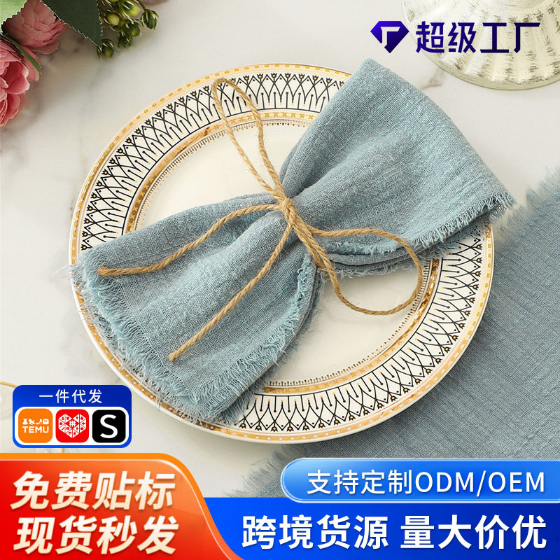 Servilleta de tela Amazon, tela arrugada, tela con borde crudo, arte occidental, decoración de mesa de comedor, mantel individual, servilleta de tela con borlas de algodón y bambú