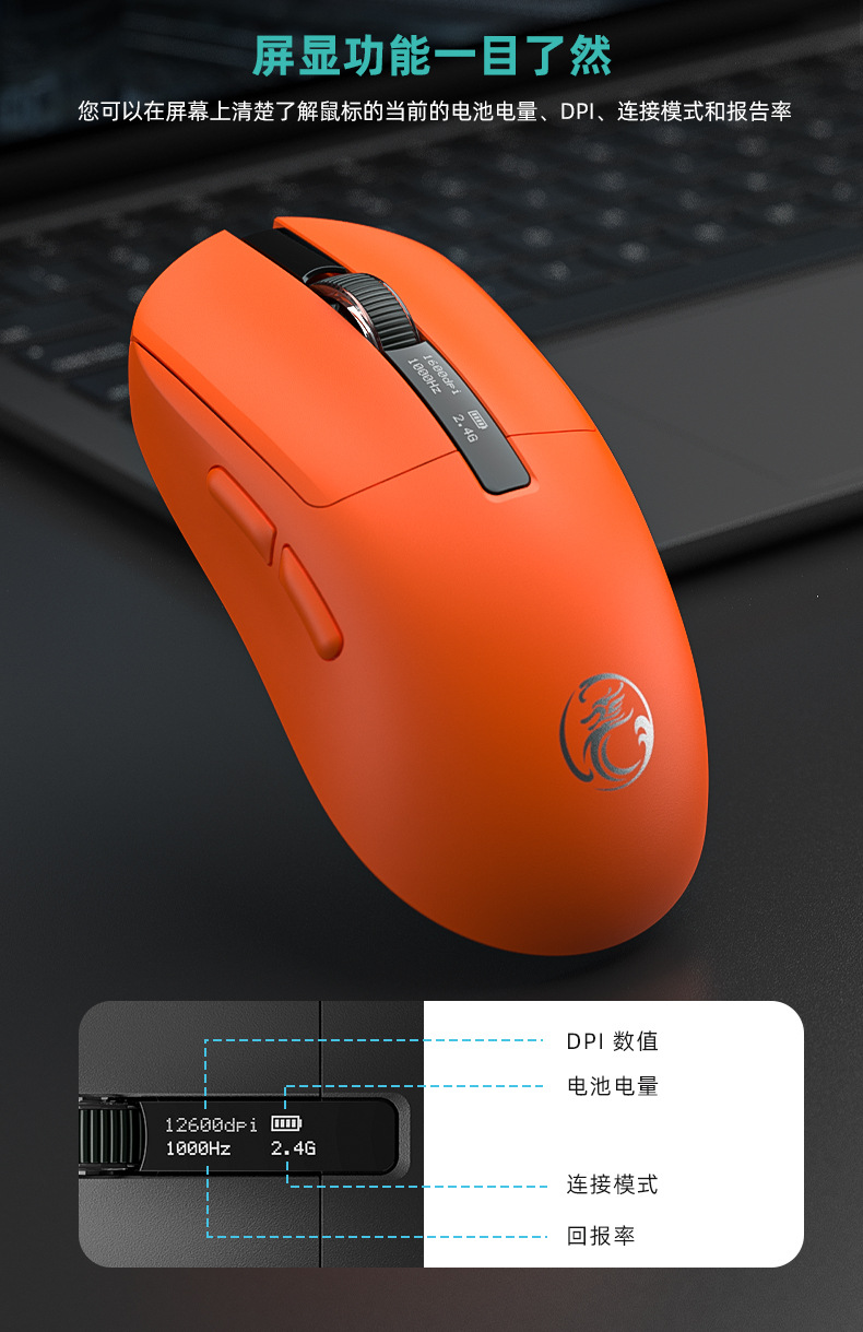 IMICE无线鼠标蓝牙三模游戏鼠标轻量化屏显电竞办公鼠标12800DPI