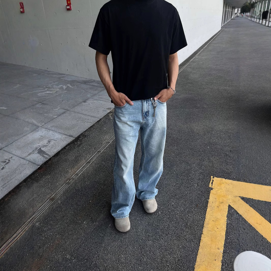 Factory Direct Blue Cow Classic Washed Falling Color All-match Open Waist Casual Straight High Street Slim Jeans for Men