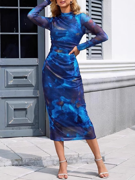 Amazon 2025 Cross-Border Women's Long-Sleeved Tie-Dye Elegant Dress Tight-Fitting Collar Pleated Cocktail Party Dress