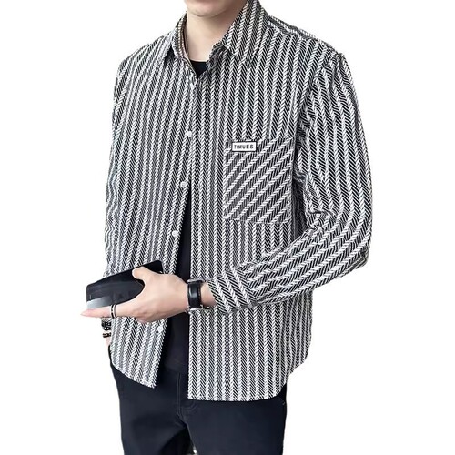 Men's Spring and Autumn Long Sleeve Shirt, Trendy Brand Stylish Casual Versatile Fashion Striped Collar Shirt, Men's Outerwear
