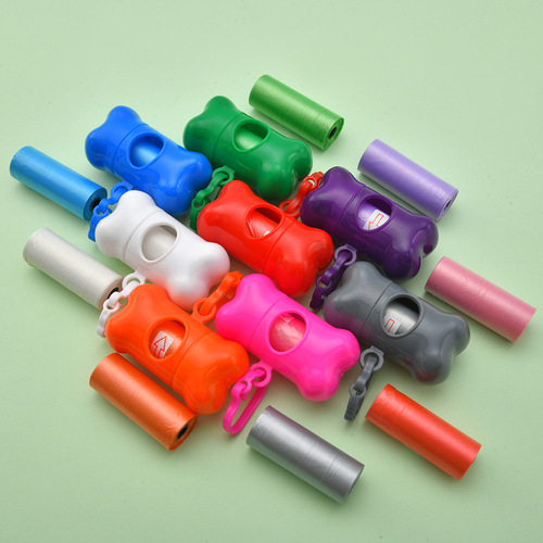 Bone-shaped garbage bag dispenser 2 rolls with suction clips for pet poop scooper outdoor portable plain color garbage bags wholesale