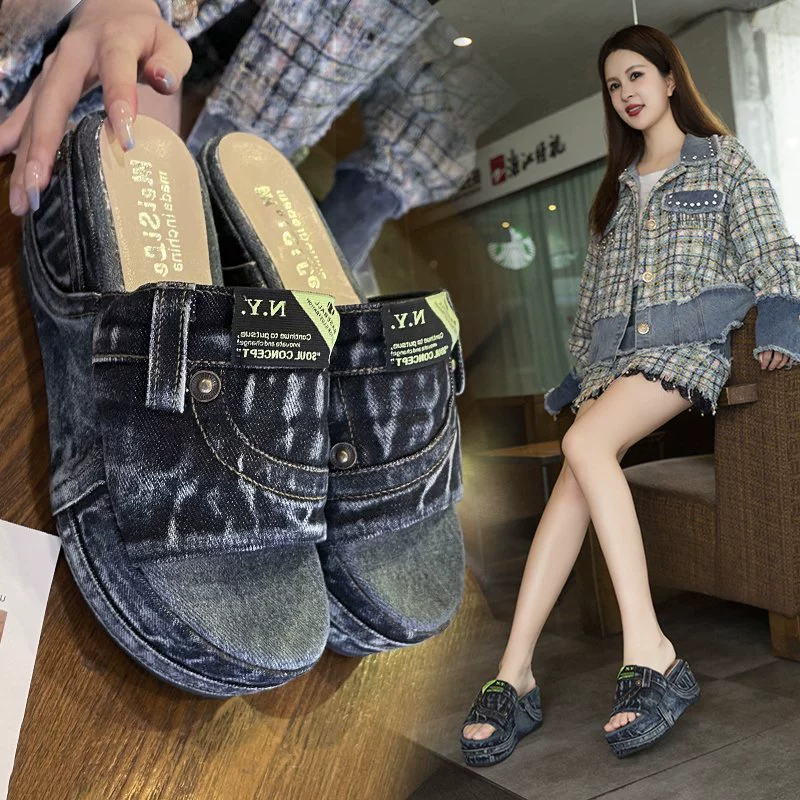 Европейские европейские синие джинсовые сандалии на высоком каблуке, кексы на платформе, женская обувь 2021, новые летние тапочки, прилив