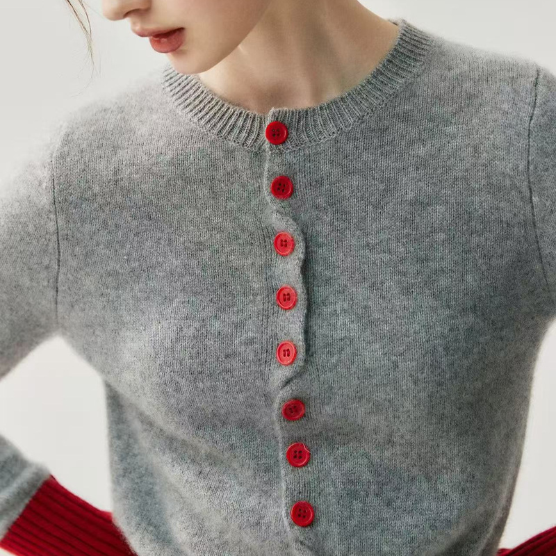 Color Art Basic Aesthetics Baby Cashmere Knitted Cardigan Women's Round Neck Sweater Slim Color Matching Thick Outwear