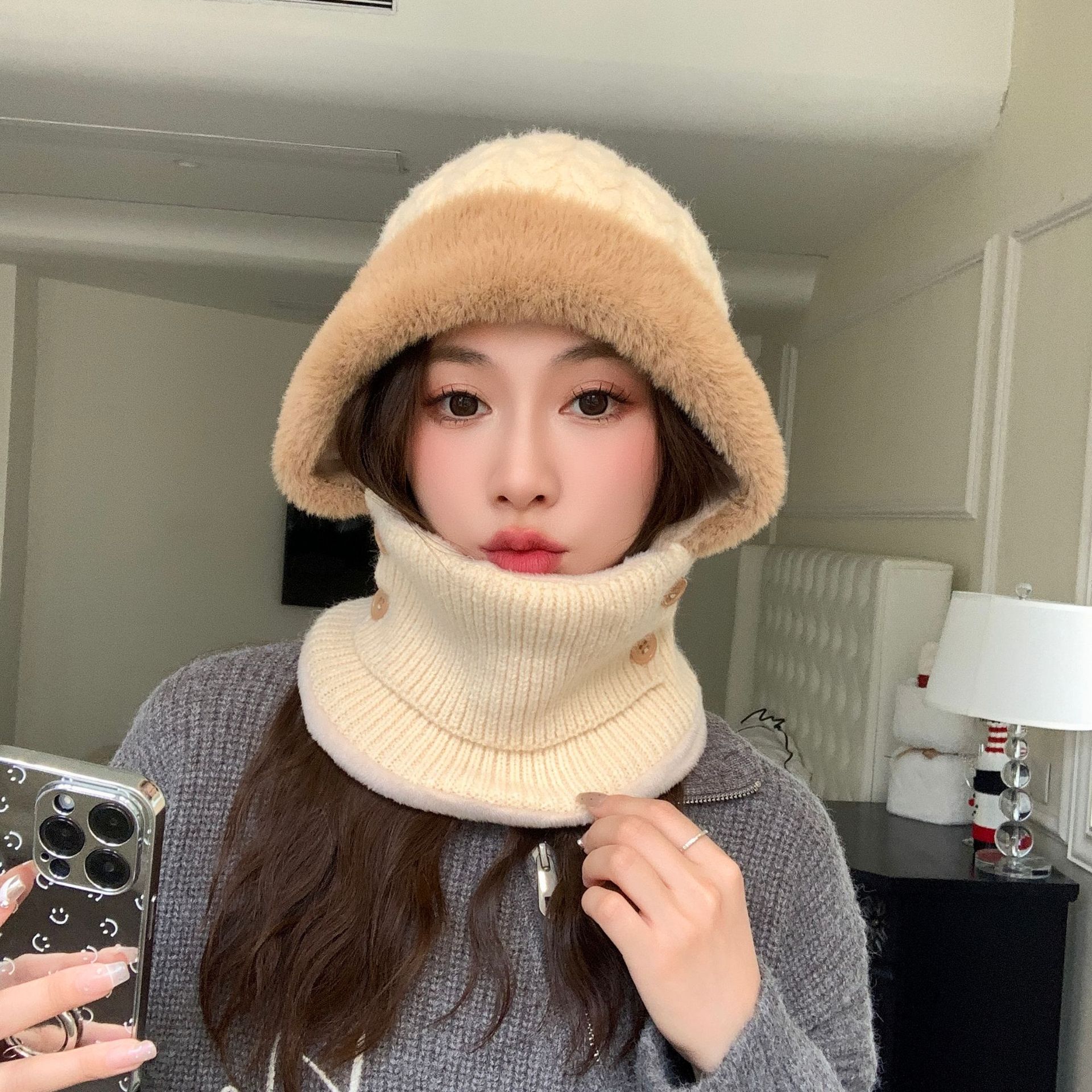 2024 Herbst- und Wintermütze Schal integrierte Thermomütze großer Kopfumfang vielseitig einsetzbar Radfahren Kälteschutz Ohrenschutz Strickpullover Mütze_voghion.com