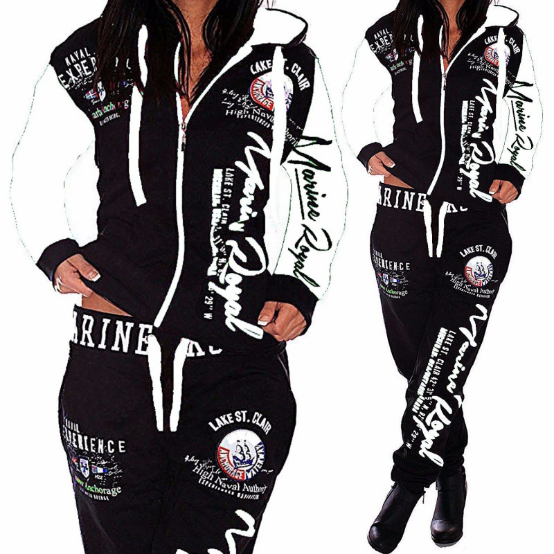 Sports and leisure suit美式印花字体接链长袖连帽长裤女士套装|undefined