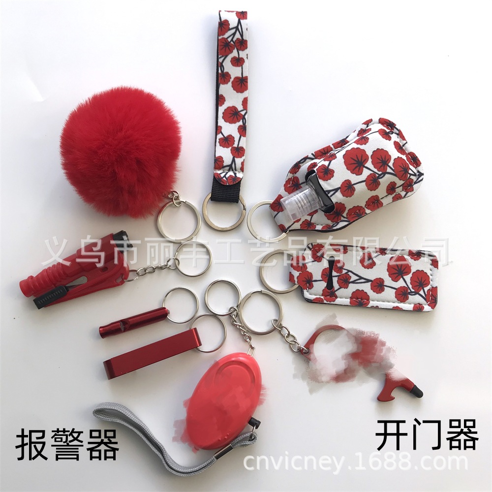 Llavero de muñeca de espejo cruzado Juego de 10 piezas Bolsa de desinfectante de manos para mujer Llavero de alarma de aluminio