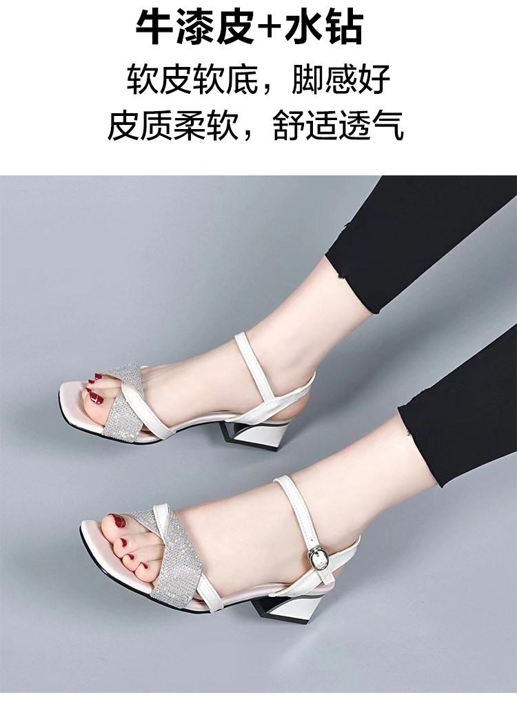 Sandal cao gót nữ quai ngang đính đá pha lê, gót vuông ổn định, chất da thật — Màu đen chi tiết 3