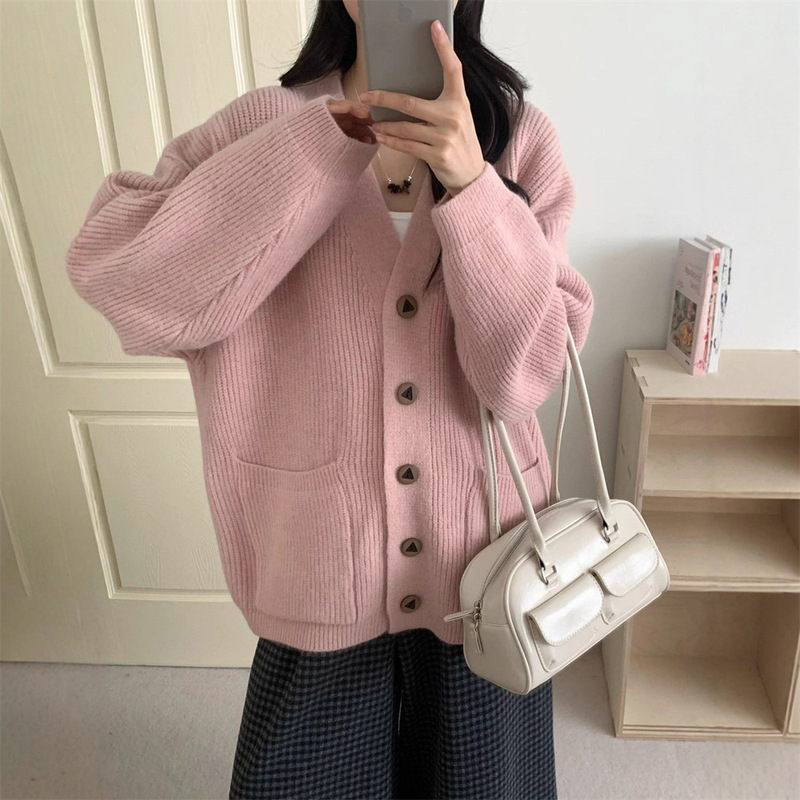 V领纯色毛衣开衫女秋冬季新款高级感加厚宽松慵懒风针织外套上衣|undefined