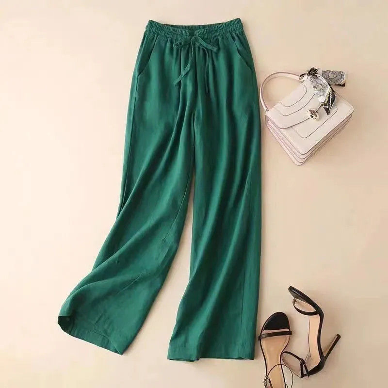 Green Linen Wide Leg Pants Women Summer Casual High Waist