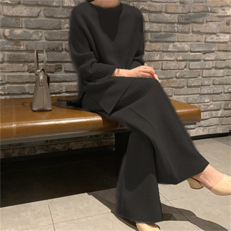 气质韩版秋冬新款毛衣套装女时尚休闲宽松显瘦针织阔腿裤两件套潮|undefined