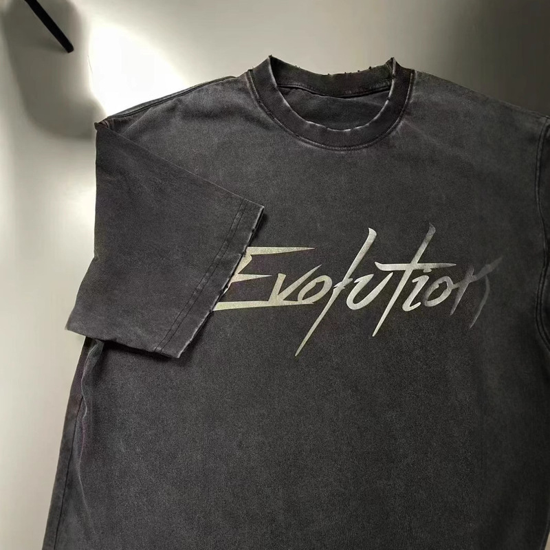 Celebrity with Heavy Wear Short-sleeved T-shirt Men's Reflective Printed Trendy Brand oversize Vintage Washable Old T-shirt