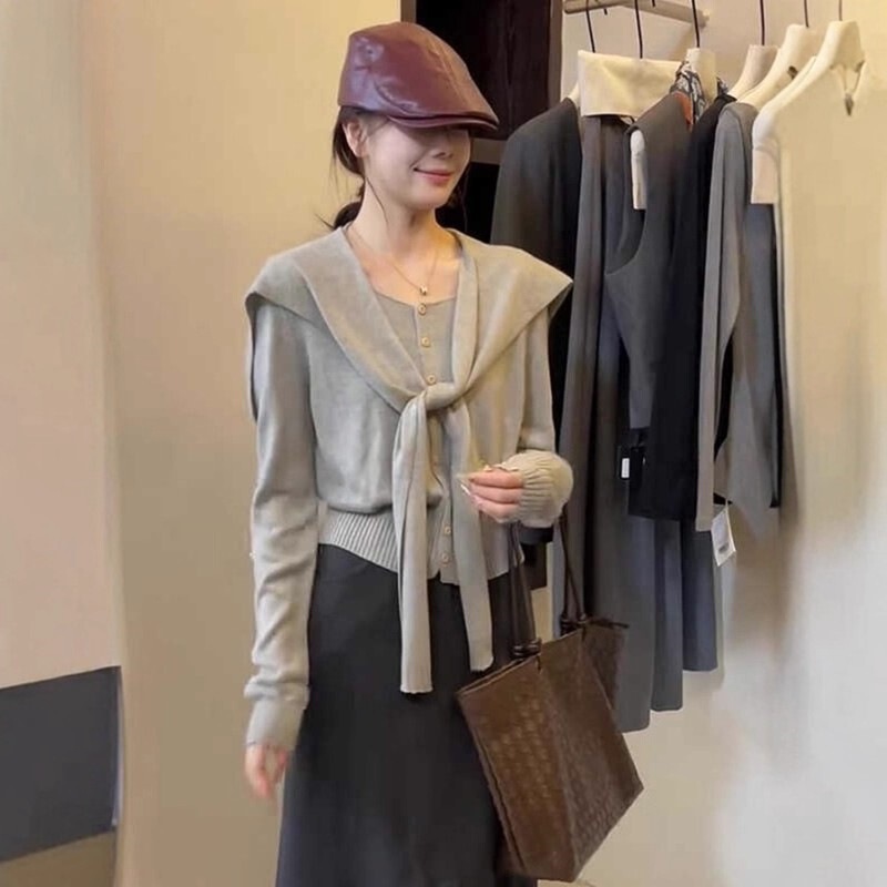 Korean Style Relaxed Gray Knitted Cardigan Women's Autum High-End Sweater Jacket Top with Shawl Two-Piece Set Korean Style Relaxed Gray Knitted Cardigan Women's Autum High-End Sweater Jacket Top with Shawl Two-Piece Set
