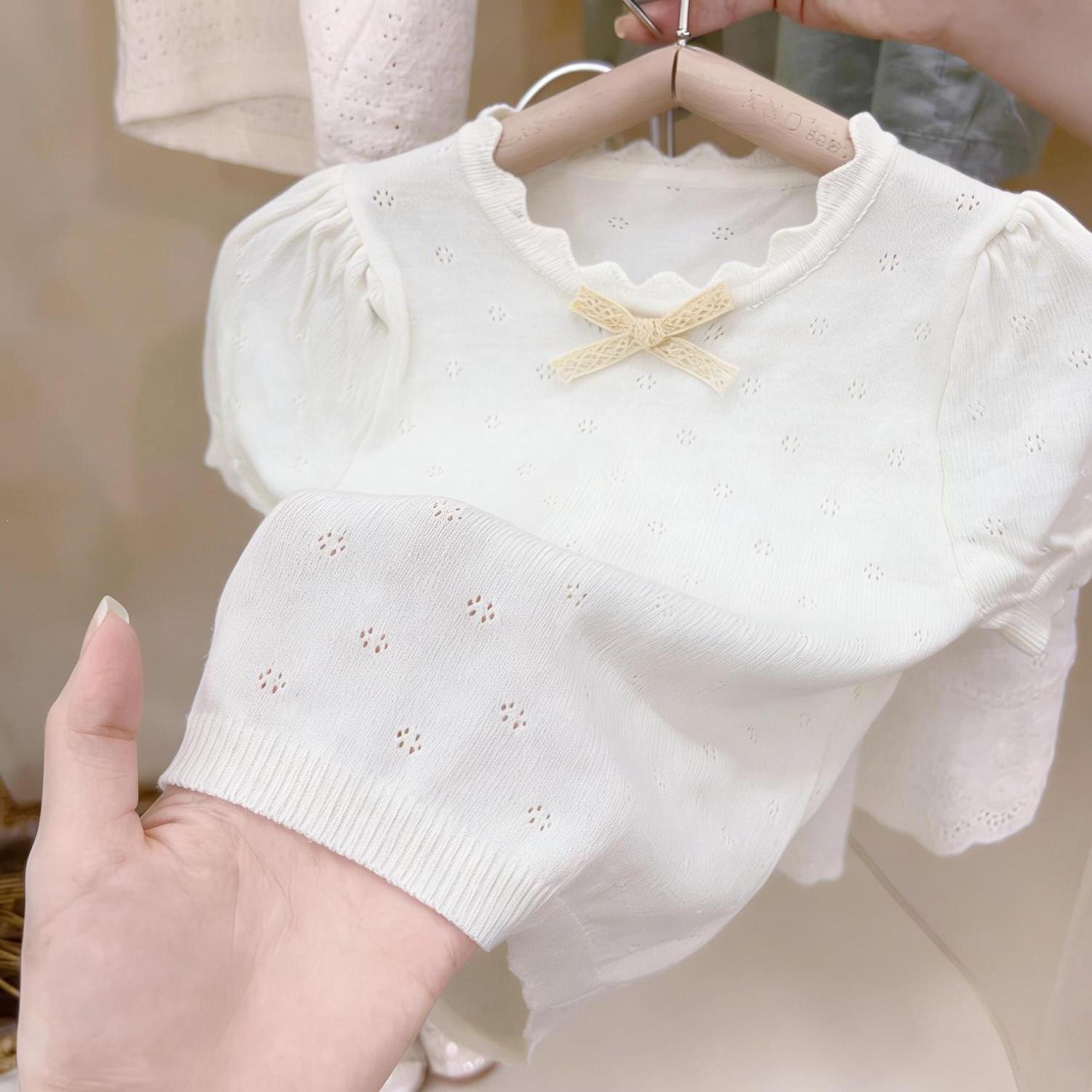 Children's short-sleeved knitted sweater, versatile, new hollow-out bubble summer top, thin style