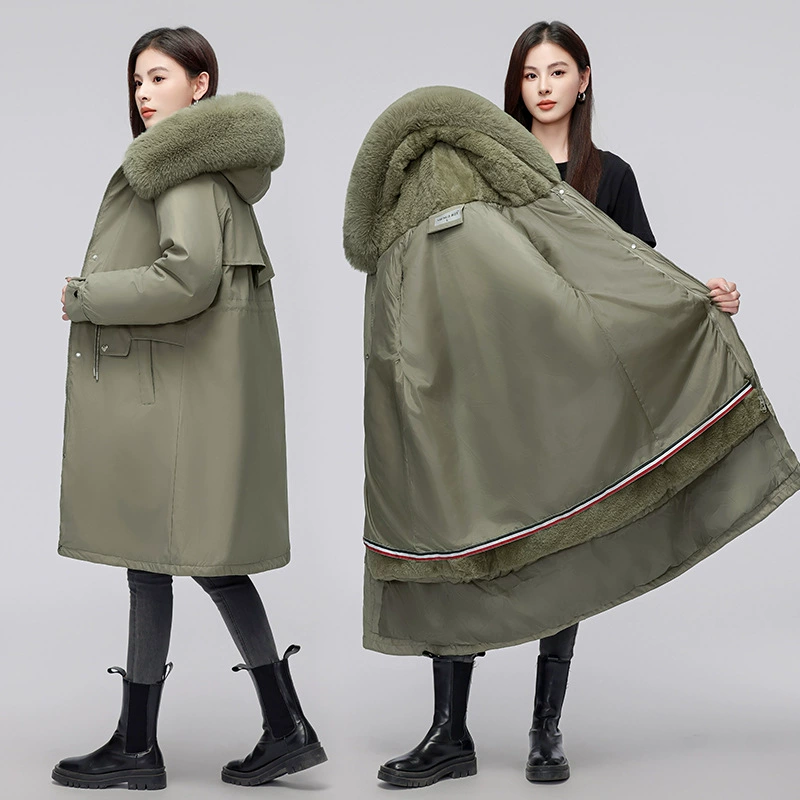 2024 корейская версия плюшевого стройного щитого щука большой шерстяной воротник с длинным съемным жилым хлопчатобумажным пальто для женщин