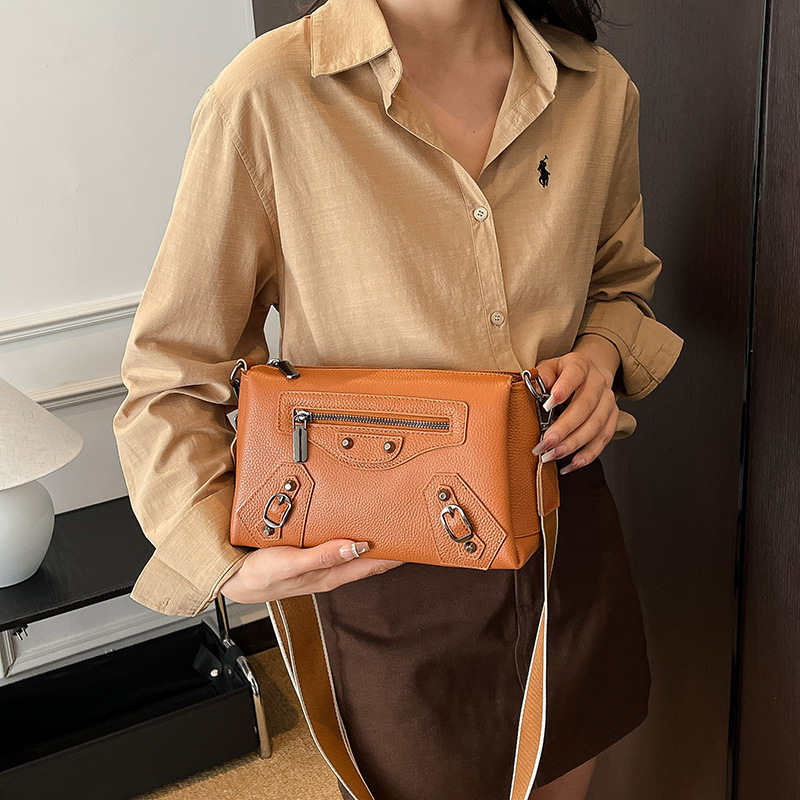 Top Grain Cowhide Leather Shoulder Bag For Women - Biker Style Fashion Simple Crossbody Square Bag With Multiple Compartments