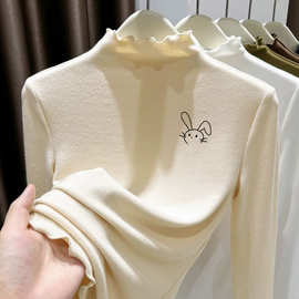 女童磨毛长袖木耳边德绒半高领纯色2025秋冬季新款打底衫内搭加绒