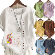 2022外贸热卖女装韩版棉麻短袖套头宽松型印花气质通勤圆领T恤衫