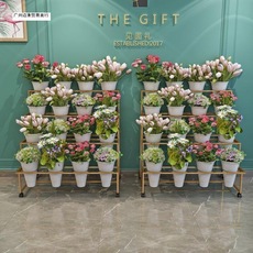 花店鲜花展示架多层阶梯花架摆花带万向轮铁艺架子花桶塑料花筒