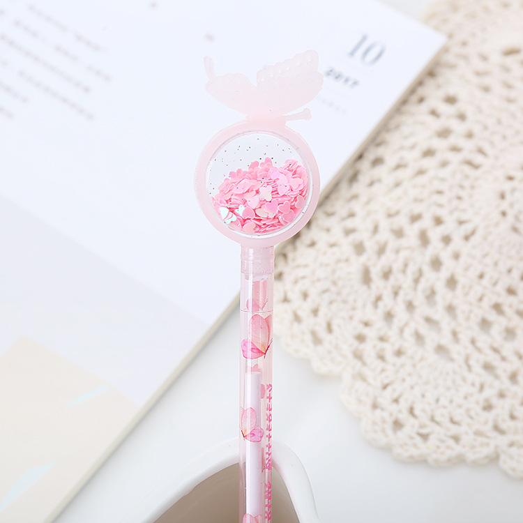 Linda niña corazón mariposa lentejuelas pluma de góner estudiante linda pluma de agua negra papelería de oficina pluma de firma personalizada