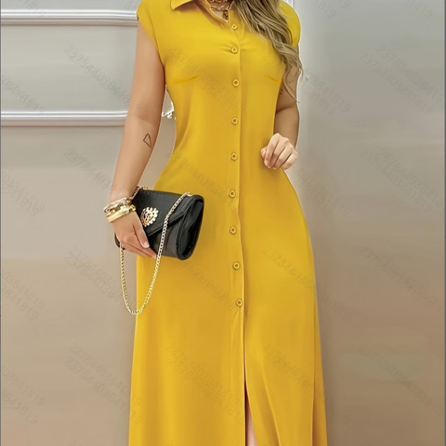 Yellow Polo Collar Shirt Dress for Women, New Summer Style, French-Style, Beautiful Sleeveless Waist-Cinching Long Dress