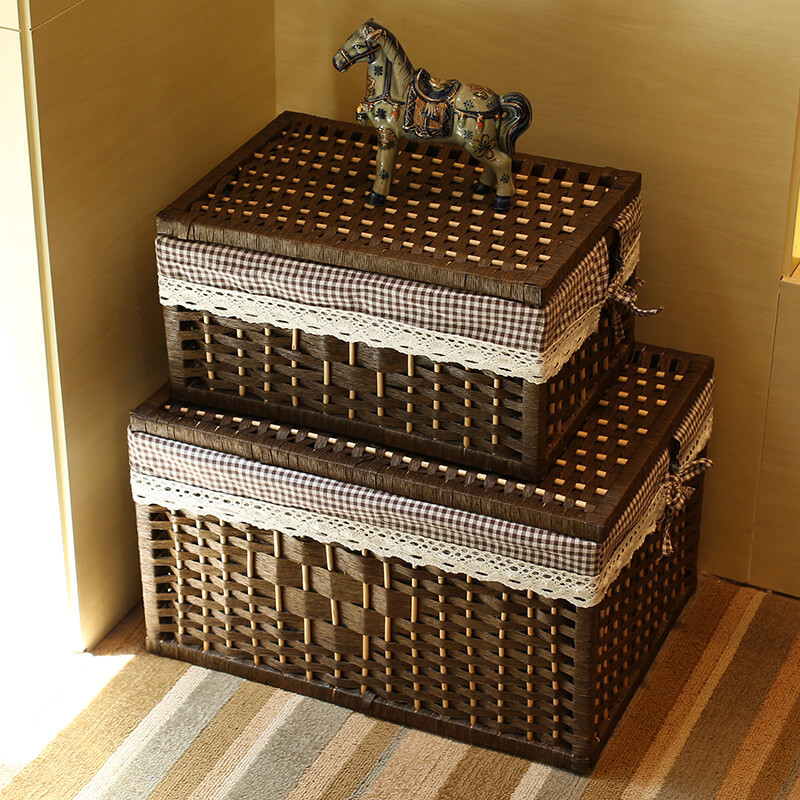 Cesta de almacenamiento de tejido de caña con cubierta de bambú rectangular caja de almacenamiento doméstica tela de mano tela de tela de