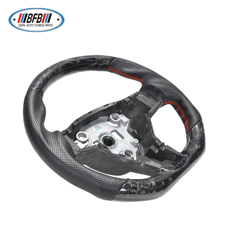 100% Real Carbon Fiber Forged Steering Wheel with Black Perforated Leather and Red Stitching - For Tesla Model Y - Modification