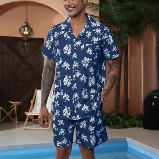국경 간 새로운 남성 셔츠 캐주얼 정장 3D 디지털 인쇄 해변 반팔 반바지 공장 직접 판매