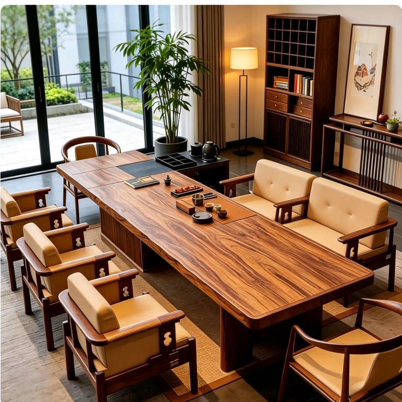 New Chinese-style Song-style aesthetic black walnut wood tea table, simple solid wood large tea table for the living room, one table with multiple chairs for tea brewing
