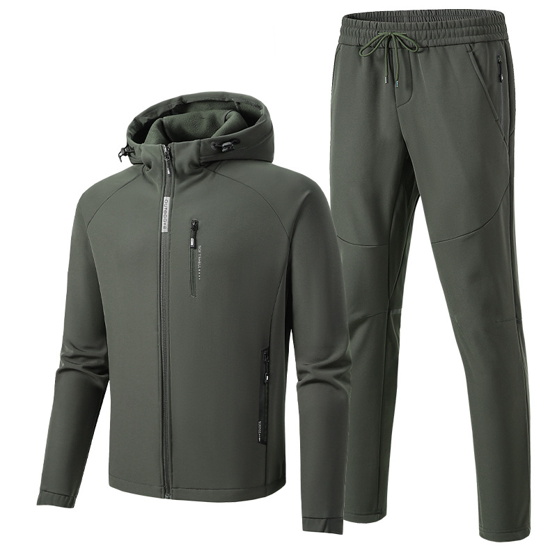 2024 chaqueta traje de los hombres de primavera y otoño al aire libre a prueba de viento de lana forrada engrosada pantalones cardigan soft shell abrigo traje de dos piezas