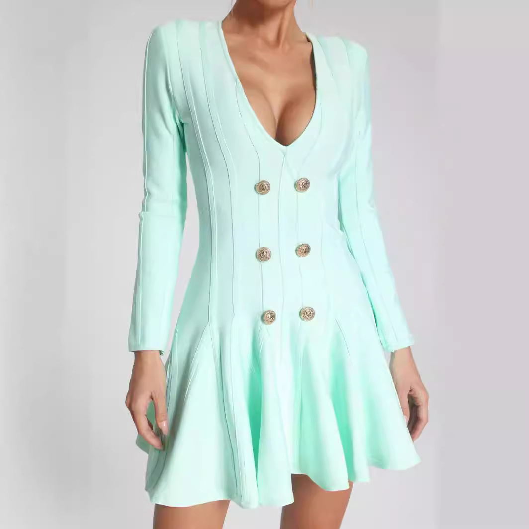 Double-breasted dress European and American foreign trade bandage dress deep V-neck ultra-short fishtail skirt pleated large swing skirt drape