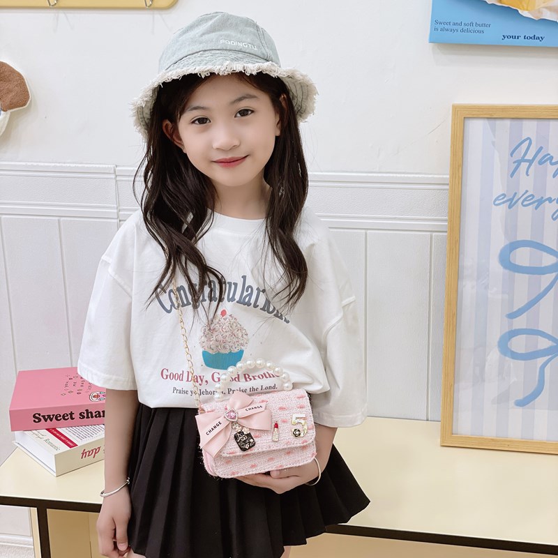 Dulce princesa bolso de perlas adorable arco mini boca rojo bolso de hombro bebé bolso de moda cadena de niños