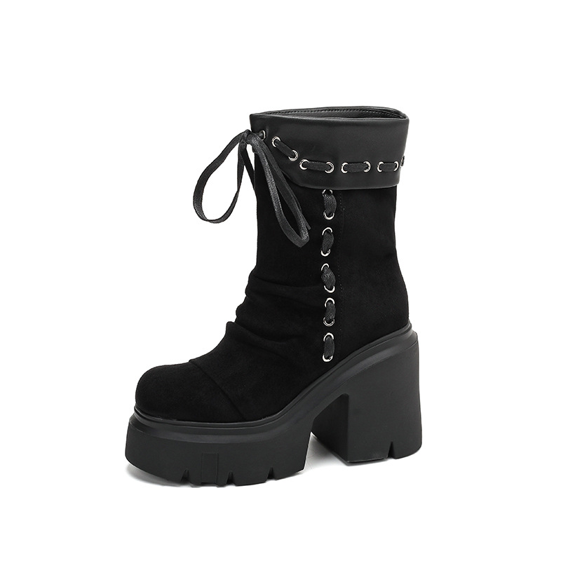 Boot nữ da lộn mũi tròn gót 12 cm dây buộc phong cách retro — nhung đen