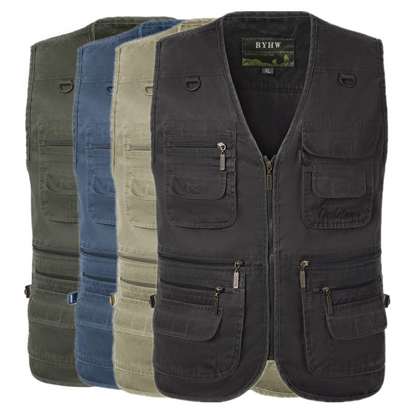 Spring and Autumn Multi-Pocket Men's Denim Vest for Middle-Aged and Elderly, 16 Pockets, Extra Large Size 7XL Cotton Vest, 133.2cm Waist