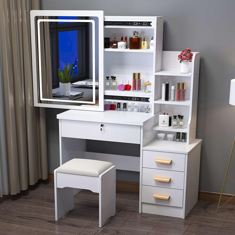 Moderno dormitorio minimalista tocador con espejo de luz de almacenamiento integrado salón de belleza tocador pequeño apartamento Mesa
