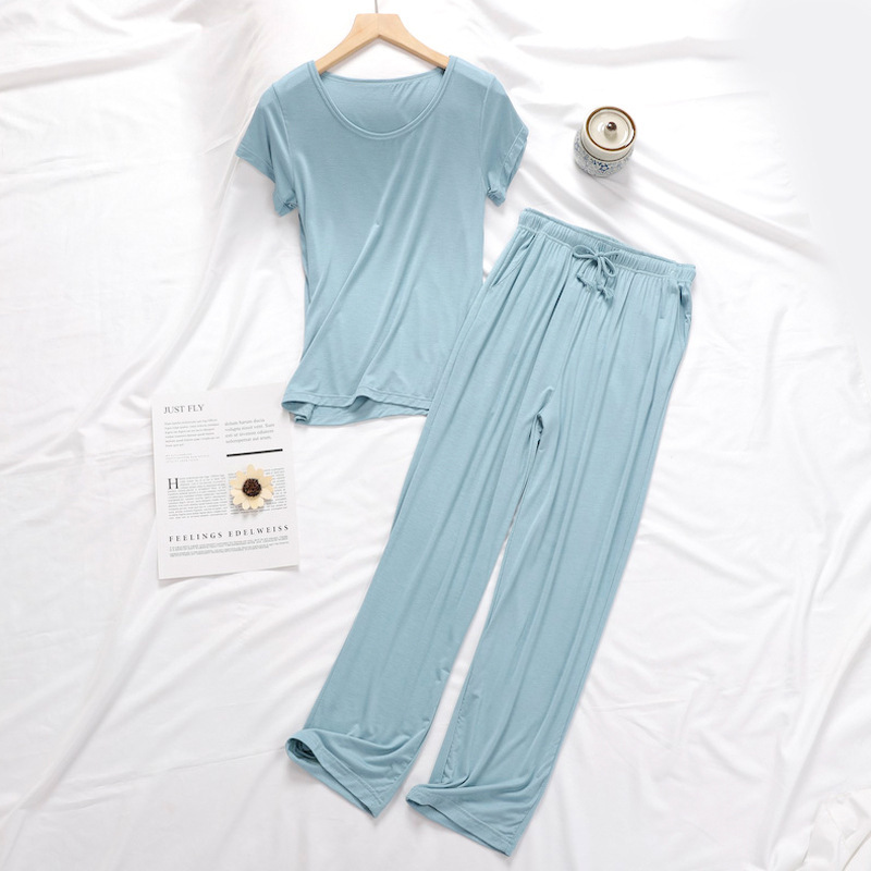 Solid Color Casual Women's Summer Modal Short-Sleeved Straight-Leg Pants Two-Piece Pajama Set That Can Be Worn Outside, Breathable for Women in Summer Solid Color Casual Women's Summer Modal Short-Sleeved Straight-Leg Pants Two-Piece Pajama Set That Can Be Worn Outside, Breathable for Women in Summer