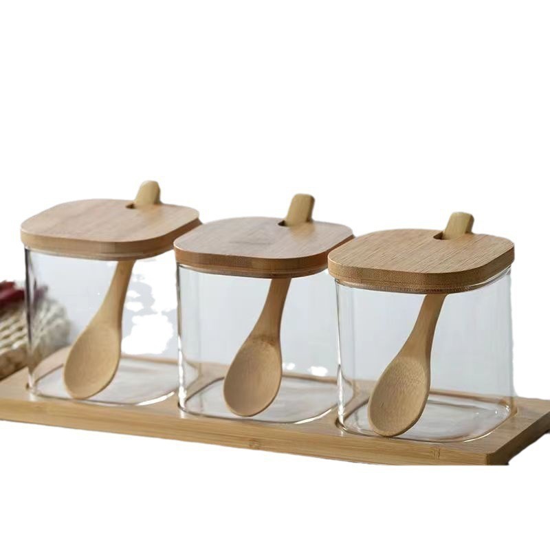 alta borosilicona vidrio condimento lata cubierta de madera de bambú con cuchara condimento lata cocina doméstica almacenamiento condimento lata spot
