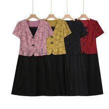 中老年妈妈假两件遮肚连衣裙夏装新款高贵显瘦洋气蕾丝拼接雪纺裙