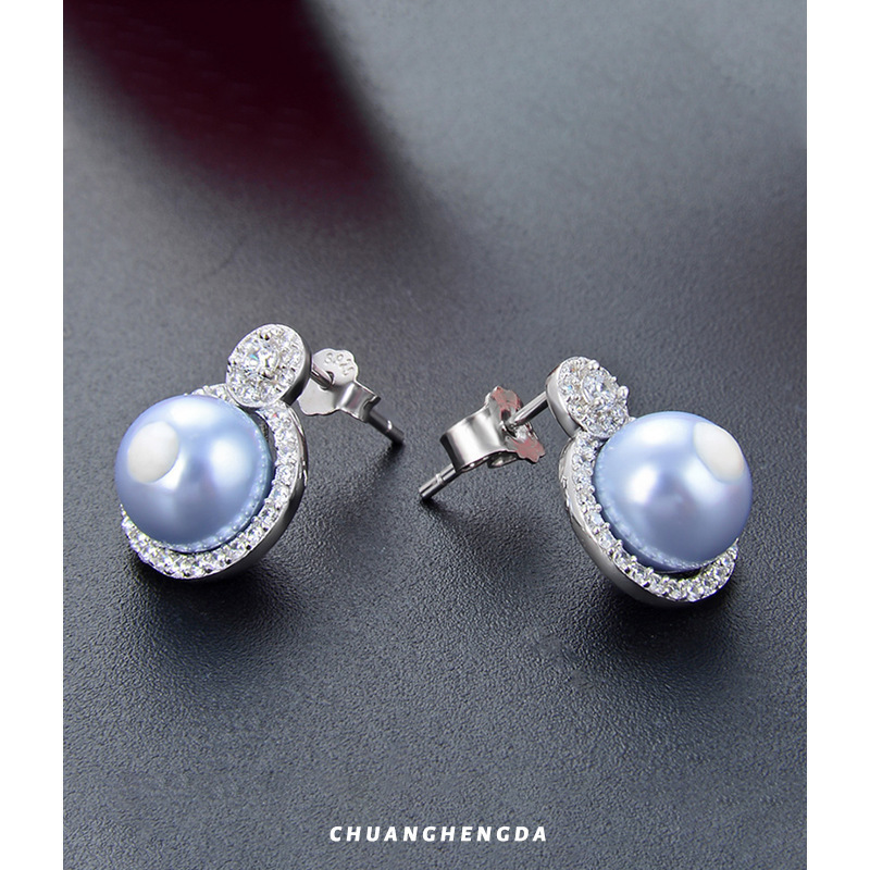 Personalidad japonesa y coreana creativa Zircon aretes de perlas redondas pendientes de perlas S925 pendientes de diamantes de plata para mujeres pendientes de perlas