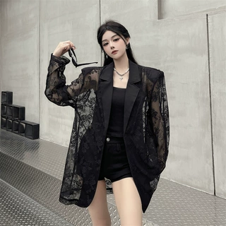 现货实拍高级感蕾丝拼接垫肩款西装夏季镂空气质显瘦西服外套