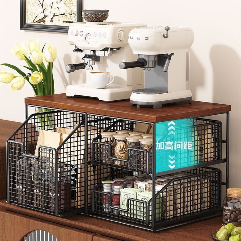 Desktop storage rack for organizing snacks on the dining table, pull-out layered storage for tea cups, tea bags, coffee machines, and microwave