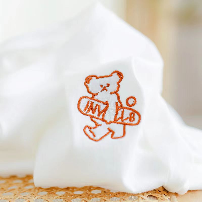 Cartoon Skateboard Bear Embroidered Embroidered Cotton Short-sleeved T-shirt Women's Loose Summer Students Unisex Couples Half-sleeved