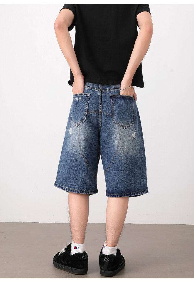 Quần short jean nam dáng rộng phong cách retro, rách giặt mài, lửng ống đứng — Màu xanh dương chi tiết 11